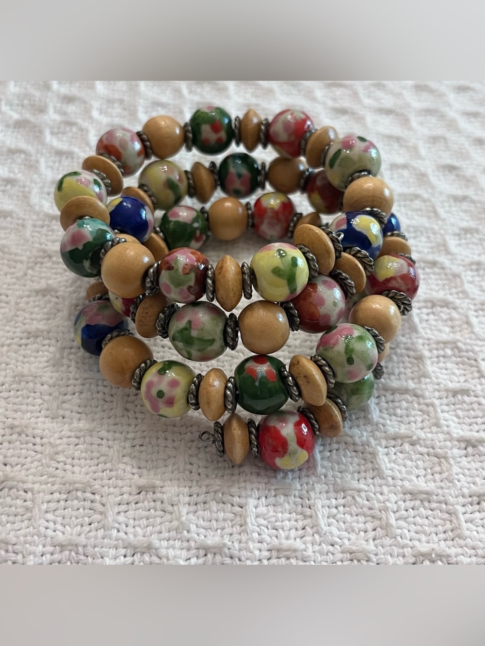 Handmade Hand Painted Floral Porcelain Bead Wrap Bracelet Chunky
